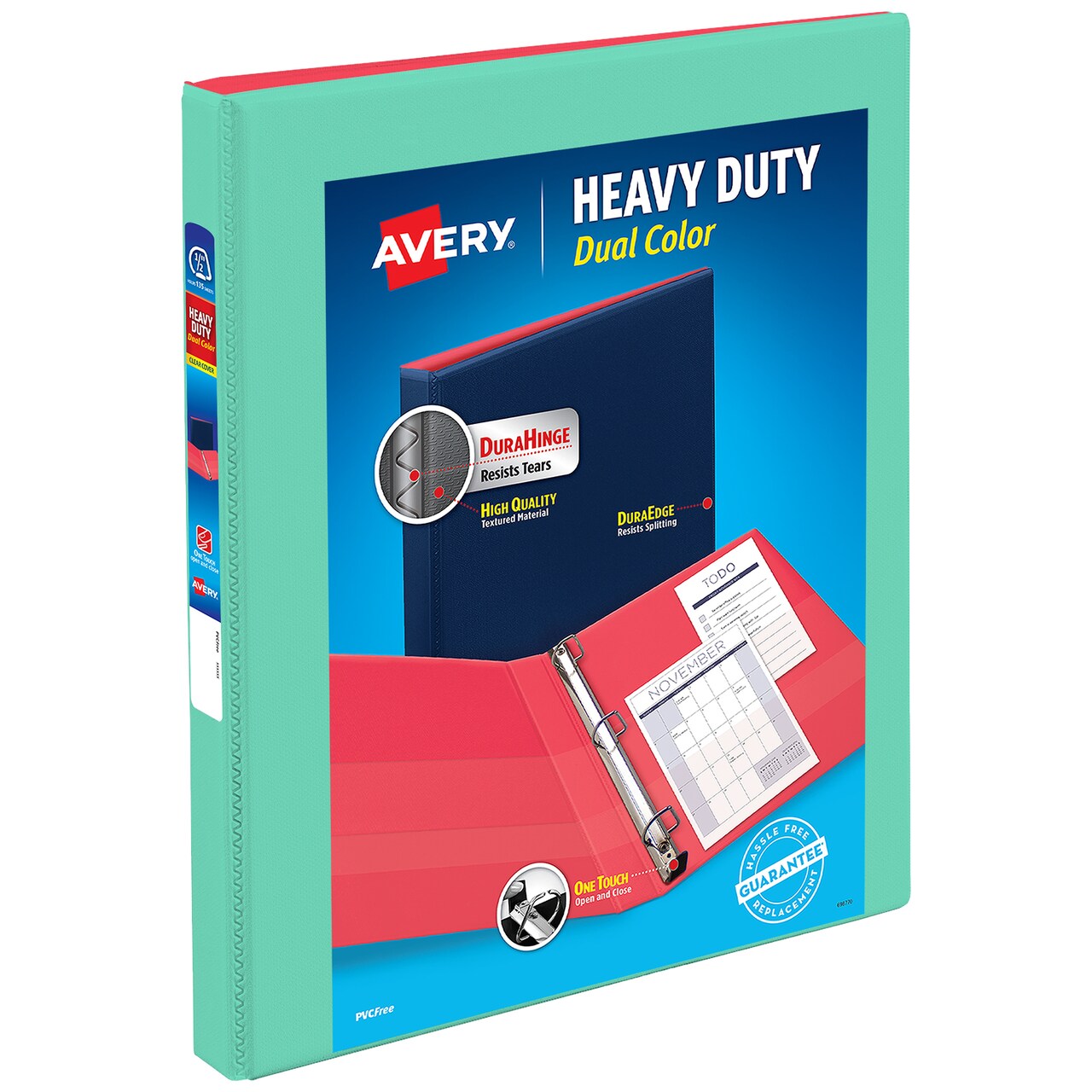 Avery Heavy-Duty Dual Color 3 Ring Binder, 0.5" One Touch Slant Rings, 135-Sheet Capacity, 0.7 Inch Wide Spine, Home, School Supplies, Office, or Organization Needs, Mint/Coral Binder (17881)